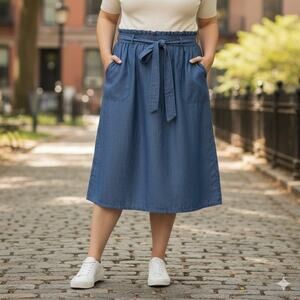 Liz Claiborne Womens SoftChambray Denim Midi Skirt TieWaist Pockets Blue 26"Long